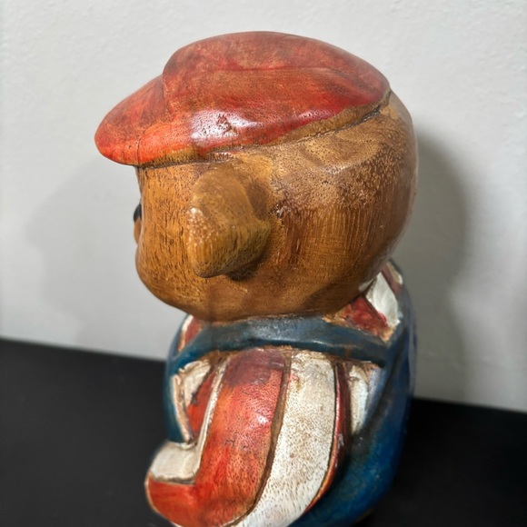 Hand Carved Wooden Bear Sculpture Door Stop Folk Art Patriotic Cabin Decor Vtg - Picture 8 of 16